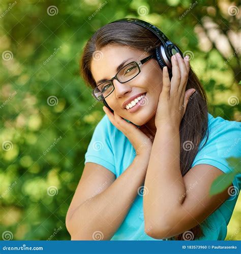 Beautiful Woman Wearing Headphones Outdoor Stock Photo Image Of Relax