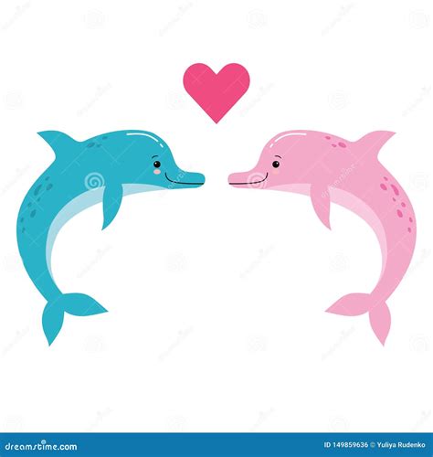 Cute Vector Illustration Of Two Dolphins Being In Love With Little Red