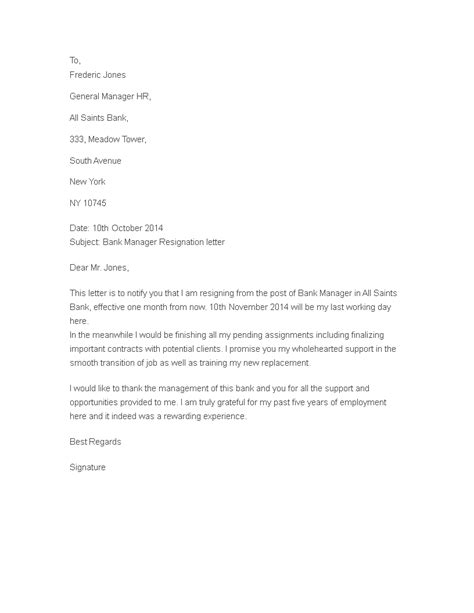 Resignation Letter For Bank Employee Templates At