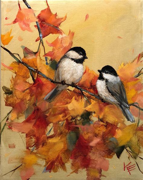 Chickadee And Fall Leaves By Krista Eaton Original Art Etsy Autumn