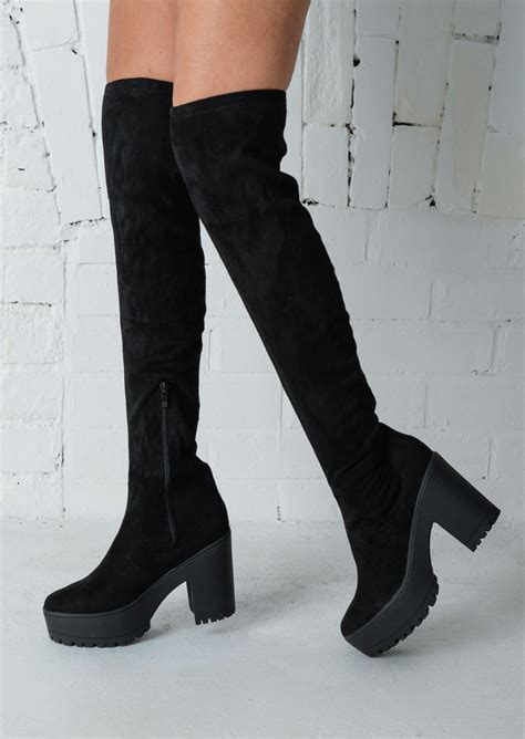 Knee High Platform Cleated Over The Knee Chunky Faux Suede Boots Black Long Black Boots Black