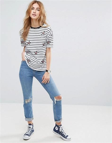 Asos T Shirt With Star Badges And Stripe In Longline Fit Asos Asos