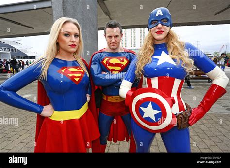 london uk 23rd may 2015 participants dressed as superman superheroes at mcm comic con excel