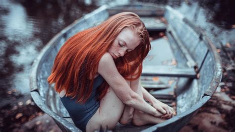 Women Model Redhead Long Hair Freckles Closed Eyes Sitting