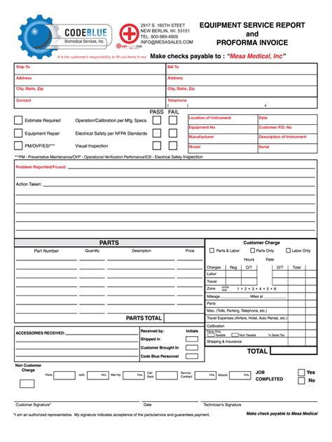 Codeblue Equipment Service Report And Proforma Invoice Fill And Sign