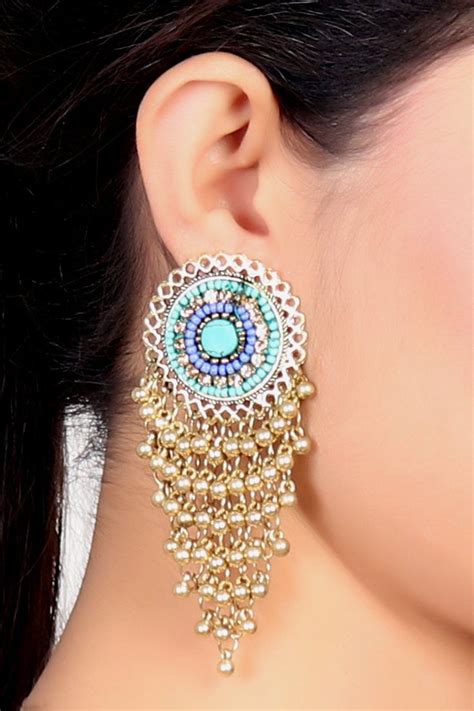 women s alloy large dangle earrings in blue and golden in 2020 large dangle earrings dangle