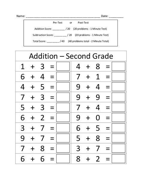 Second Grade Addition Subtraction Timed Test
