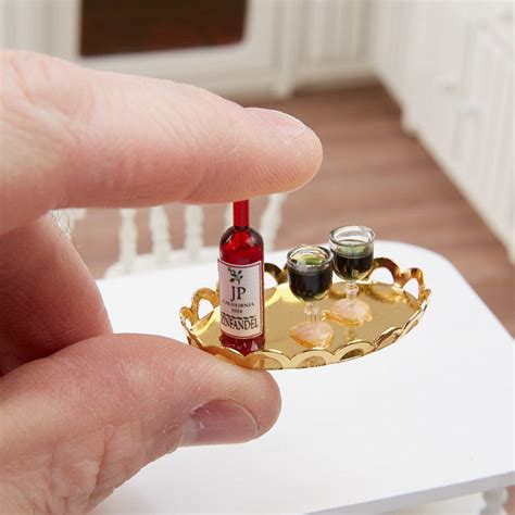 Dollhouse Miniature Red Wine Bottle Glasses And Tray Set Dining Room Miniatures Dollhouse