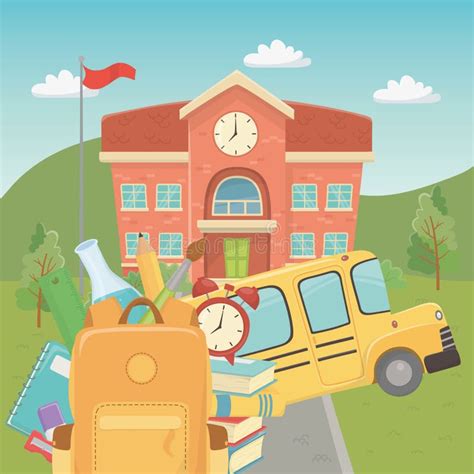 School Building And Bus With Supplies In The Landscape Stock Vector