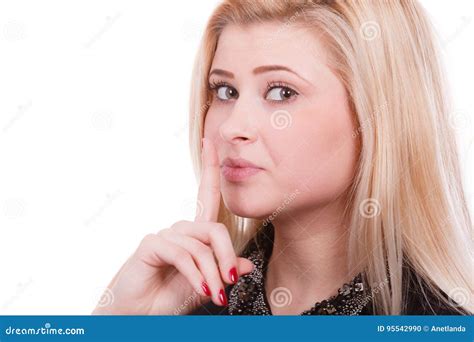 Attractive Blonde Woman Making Silence Gesture Stock Photo Image Of