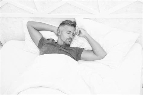 Breathe Easily Sleep Well Handsome Man In Bed Sleeping Guy At Home Relaxed Man Stock Image
