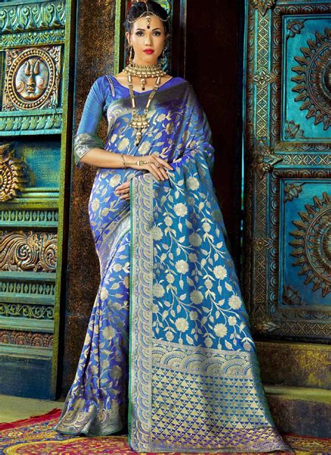 buy blue woven kanchipuram silk saree with blouse online