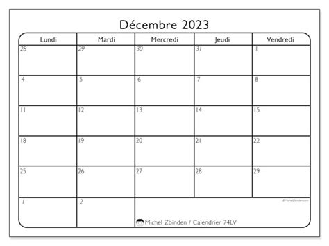 Calendrier décembre 2023 à imprimer Belgique Michel Zbinden BE
