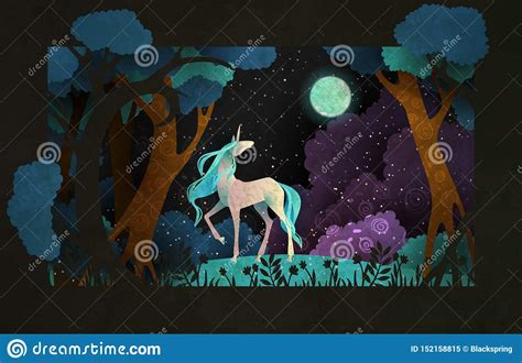 Unicorn In Front Of Magic Forest Night Sky Clouds And Moon Fairy Tale