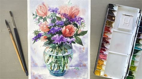 Watercolor Painting Vase And Flowers Tutorial Step By Step Youtube
