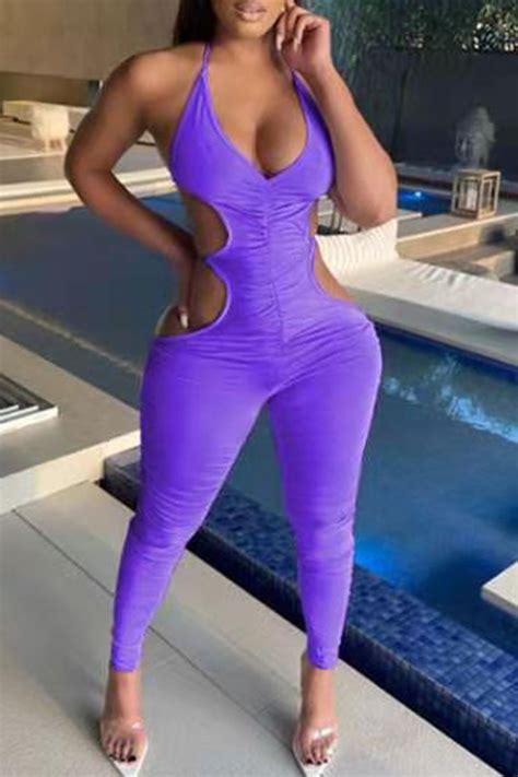 Purple Sexy Solid Hollowed Out Patchwork Frenulum Backless Halter Skinny Jumpsuits Jumpsuits