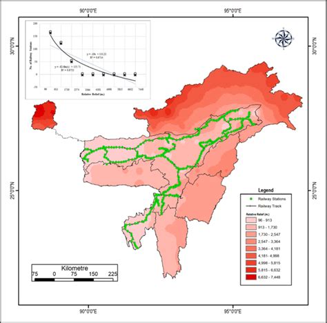 Distribution Of Relative Relief Of Northeast India With A Railway Map