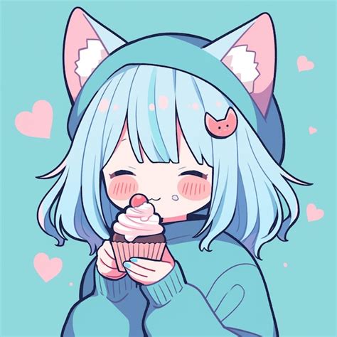 Premium Ai Image Anime Girl With Blue Hair And A Cat Ears Eating A