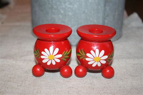 Vintage Hand Painted Wood Candle Holders Sweden Round Red Flowers