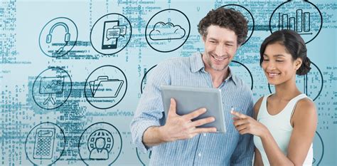 Composite Image Of Smiling Business People Using Digital Tablet Stock