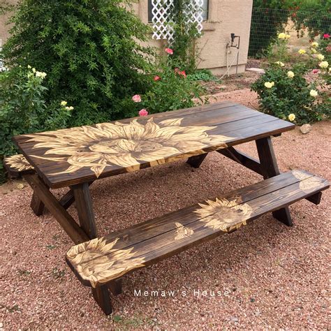 Sunflower Stained Picnic Table Picnic Table Makeover Picnic Table Patio Furniture Makeover