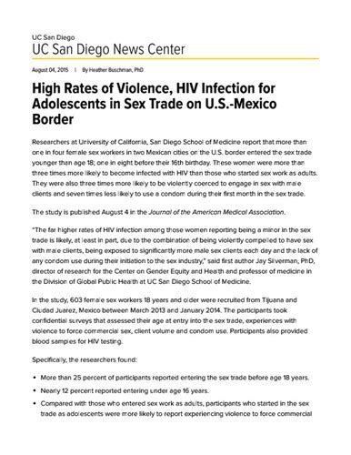 High Rates Of Violence Hiv Infection For Adolescents In Sex Trade On U S Mexico Border