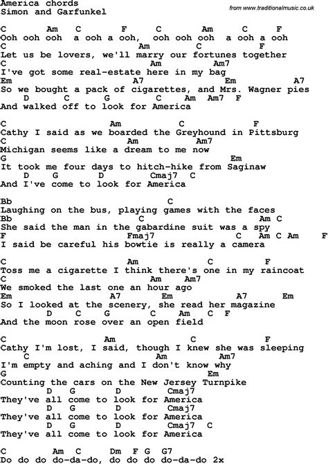 Song Lyrics With Guitar Chords For America Simon And Garfunkel