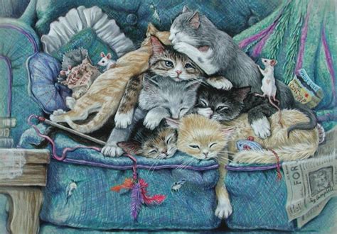 Kittens Kitties Sofa Catnip Sleep Aceo Print From Original Oil By Joy