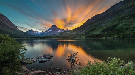 Sky Lake Mountains Rocks Landscape Trees Usa Clouds Montana