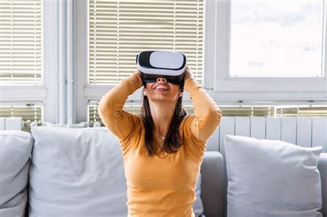 Woman With Virtual Reality Glasses Smiling Young Woman Using Vr