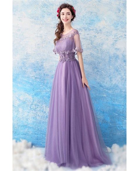 Elegant Purple Long Tulle Prom Formal Dress With Beaded Cape Wholesale T69266