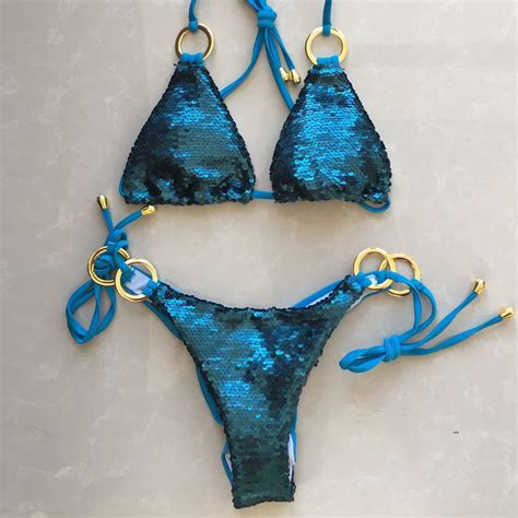 Sexy Sequin Metallic Ring Decor Halter Bikini Set Wti Design