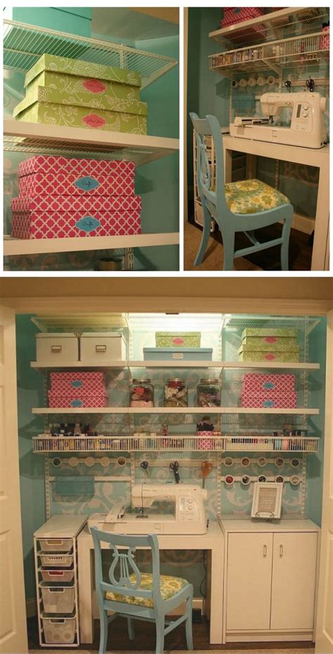 Jen at ' tater tots and jello ' created an organized craft closet with lots of clever storage ideas. Craft/Sewing Closet | Craft room closet, Sewing closet ...