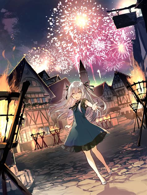 Long Hair Gray Eyes Anime Anime Girls Fireworks Gray Hair Town