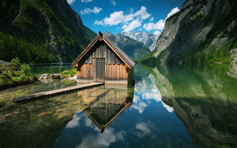 Cabin Boathouses Landscape Mountains Obersee Bavaria Reflection