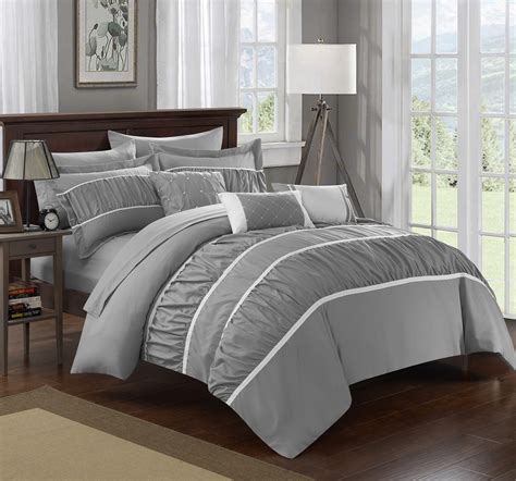 10 Pc Cheryl Pleated And Ruffled Queen Comforter Set Grey With Sheet Set