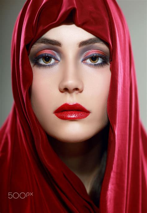 Wearing Red Scarf Stylish Female Face Portrait Close Up