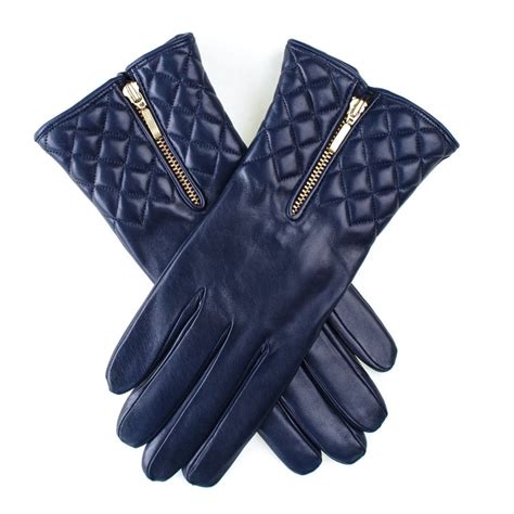 Uk Navy Leather Quilted Gloves With Cashmere Lining In Blue