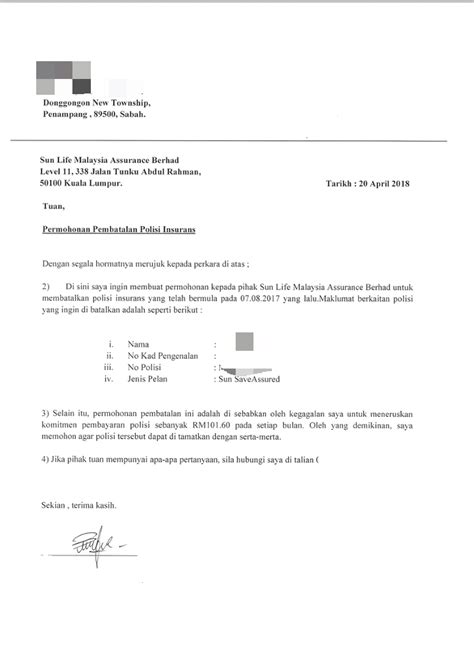 Life insurance association of malaysia. Contoh Surat Rasmi Pembatalan Polisi Insurans