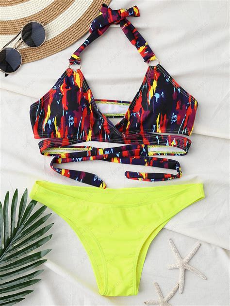 [15 off] 2021 halter bandage printed wrap bikini set in fluorescent yellow zaful