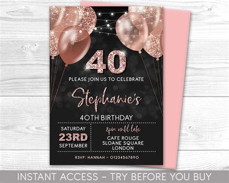 Invitación De Cumpleaños 40 Editable 40th Invite Rose Gold Etsy España