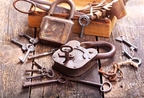 Old Locks And Keys On Wooden Table Stock Photo Image Of Closeup