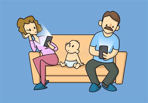 Modern Parents Addicted To Electronic Gadgets Sitting On A Couch
