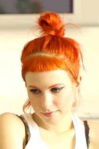Hayley Williams Straight Orange Baby Bangs Bun Hairstyle Steal Her Style