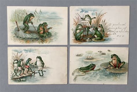 Early Fantasy Frog Postcards 4 Animated Frogs Lily Pads ~ A And Mb