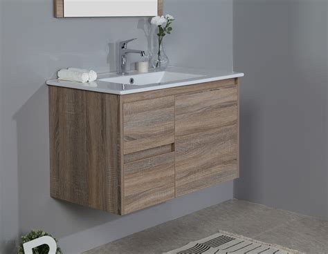 A wide range of wall hung bathroom cabinets with doors, drawers and baskets. 900mm oak wall hung vanity (cabinet only) Rio Bathroom ...