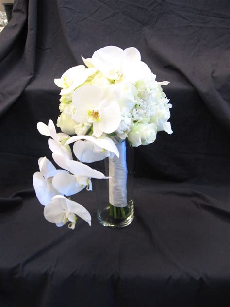 Phalaenopsis Orchid And White Rose Bouquet With Small Cascade White