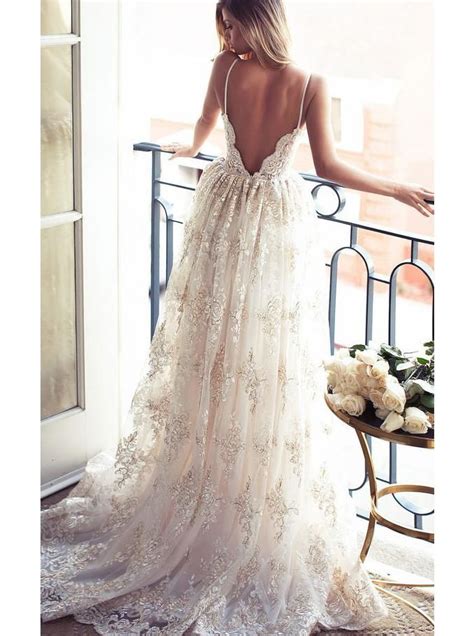 Backless Long A Line Spaghetti Straps Lace Bridal Gown Wedding Party