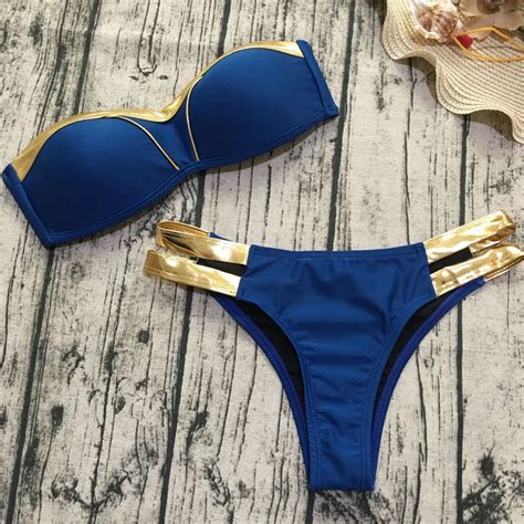 2018 New Gold Stamping Bikini Set Sexy Padded Women Swimsuit Push Up Bandeau Swimwear Summer