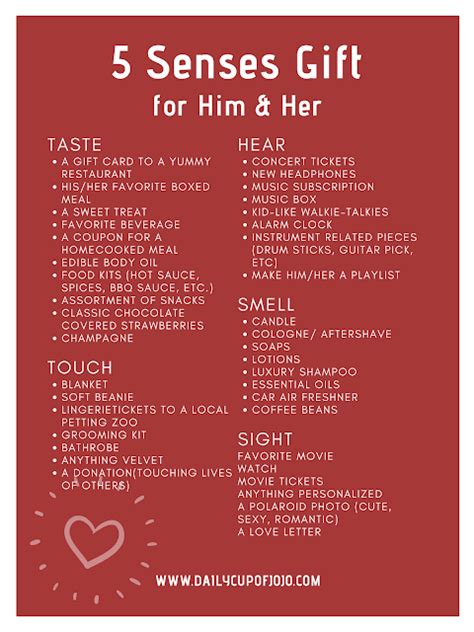 Use your understanding of his sense of humor to help you choose one. The 5 Senses Valentines Day Gift: Ideas for Him & Her ...